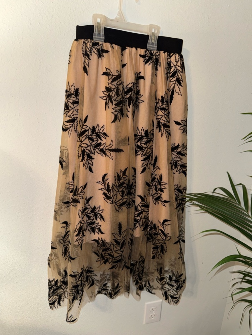 Black Floral Embroidered Nude Midi Skirt with Elastic Waist